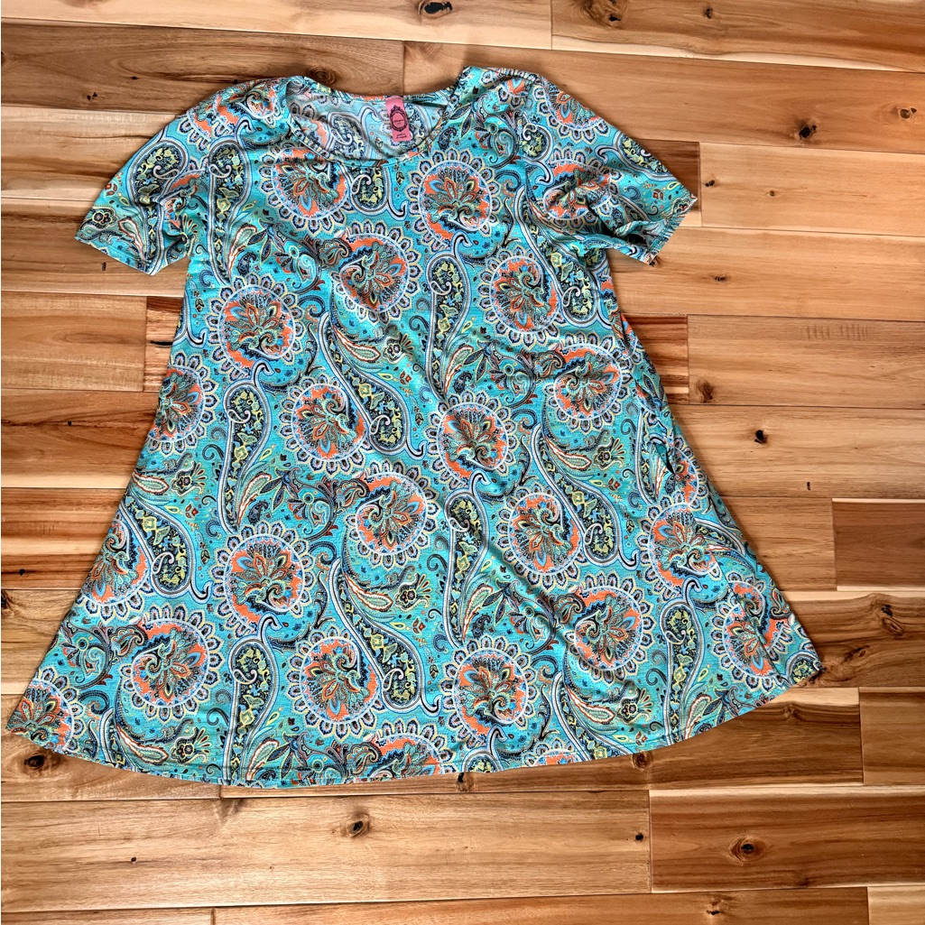 A-Line Turquoise Paisley Swing Dress With Pockets